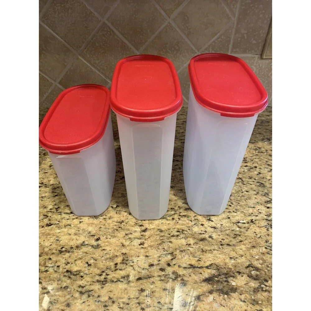 3 Tupperware Oval Modular Mates  (2) 1614, (1) 1613 Red Lids & 2 Rocker Scoops